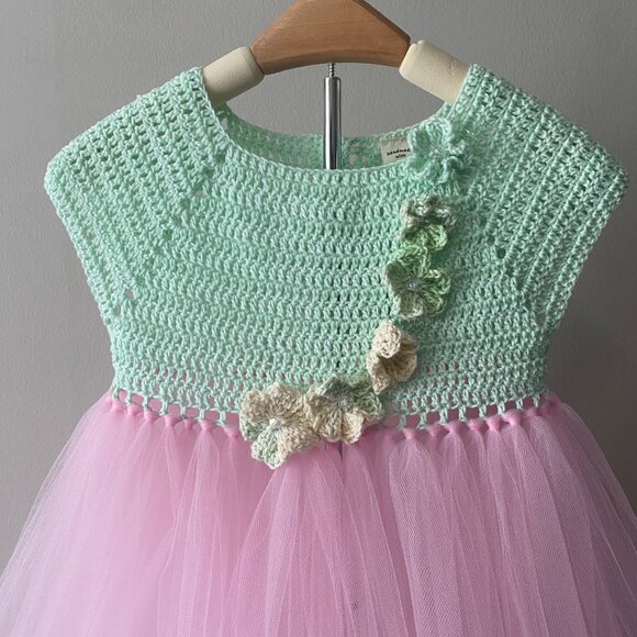 Handmade Children's Cotton Crochet Light Mint Green Pink Tulle Tutu Dress - Picture 6 of 14